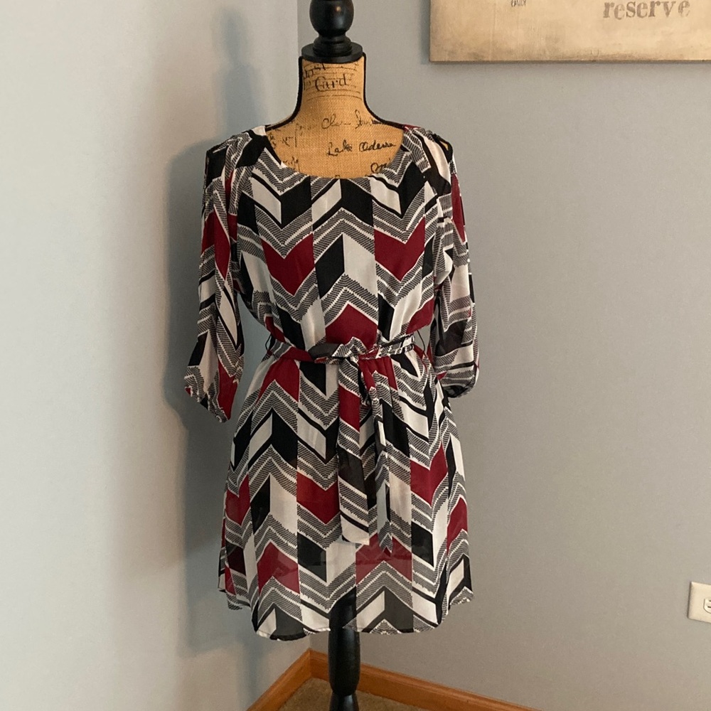 Chevron Belted Mini Dress Cold Shoulder Women Size Small - Crimson, Ebony, Ivory